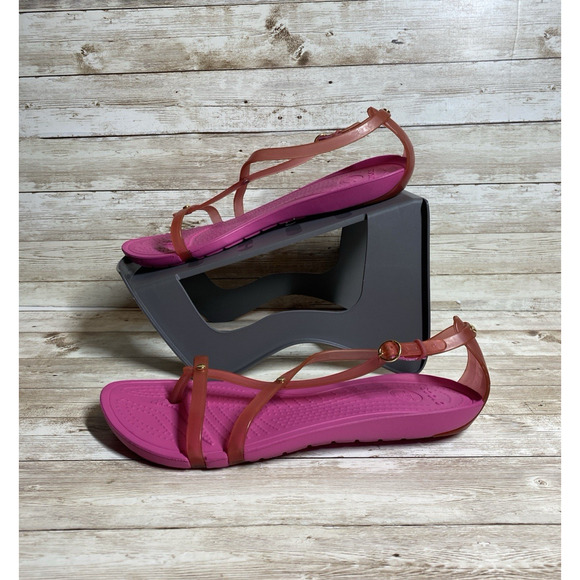 Crocs Sandals Womens 7 Pink Really Sexy T Strap Jelly Thongs Beach Summer - Picture 3 of 7